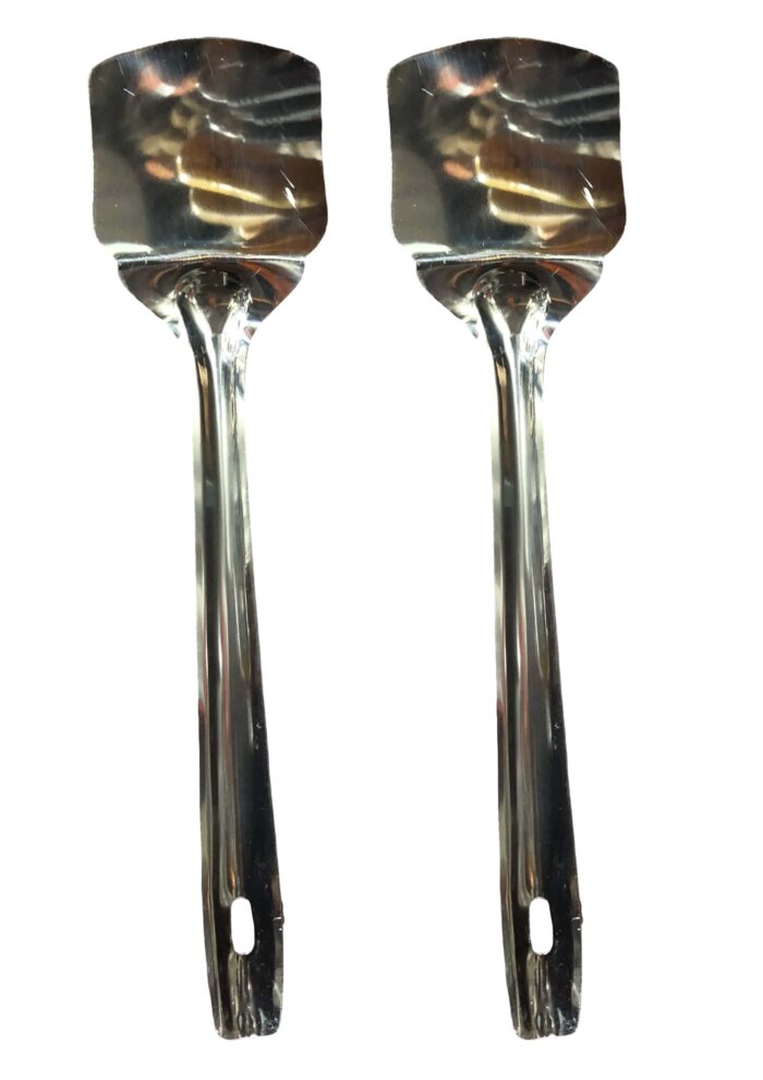 Set of two stainless steel spatulas with polished finish, ideal for flipping, turning, and serving foods