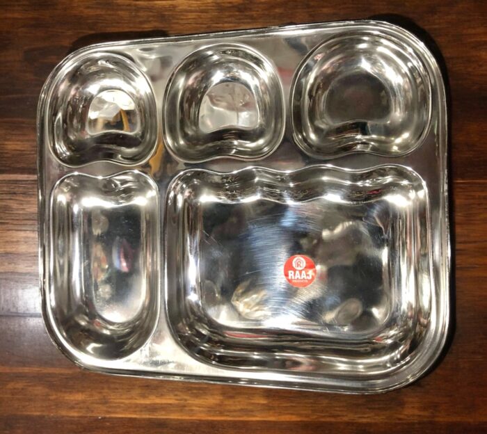 Raj 5-in-1 Apple Shape Bhojan Thal Set of Two featuring a sleek apple-shaped design, five compartments, and premium stainless steel.