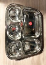 Raj 5-in-1 Apple Shape Bhojan Thal Set of Two featuring a sleek apple-shaped design, five compartments, and premium stainless steel.