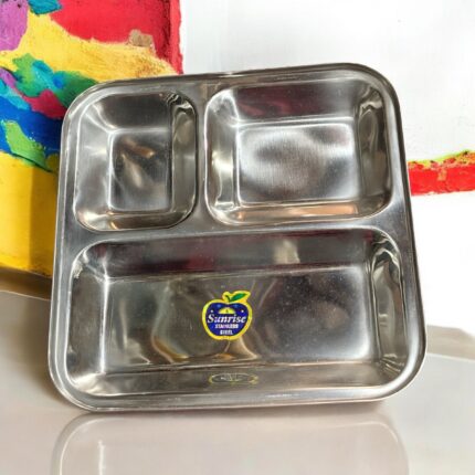 Sunrise Stainless Steel 3-in-1 Bhojan Thals (Set of 2) with a sleek, durable design and three compartments for a perfectly organized dining experience.