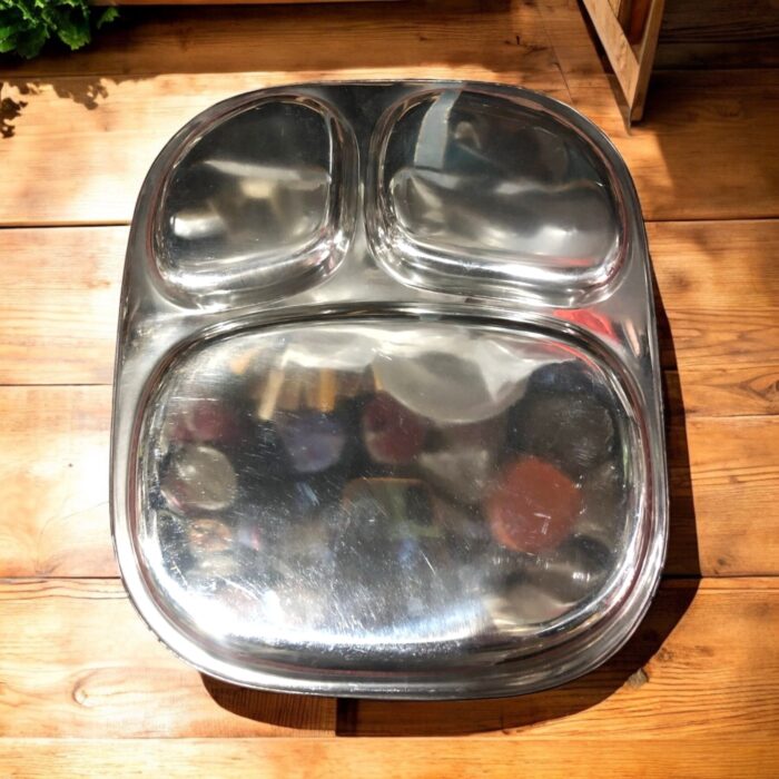 Manish Products 3-in-1 Bhojan Thal Set of Two with three compartments, made from durable stainless steel for an organized dining experience.
