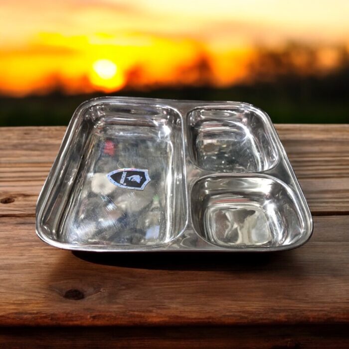 Dolphin 3-in-1 Bhojan Thal Set of Two with three spacious compartments, crafted from premium stainless steel for a durable and versatile dining experience.