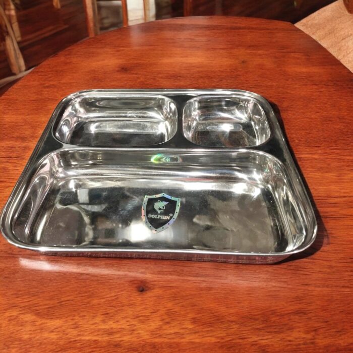 Dolphin 3-in-1 Bhojan Thal Set of Two with three spacious compartments, crafted from premium stainless steel for a durable and versatile dining experience.