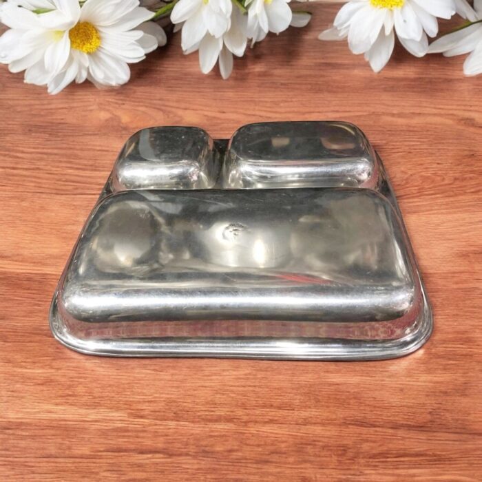 Dolphin 3-in-1 Bhojan Thal Set of Two with three spacious compartments, crafted from premium stainless steel for a durable and versatile dining experience.
