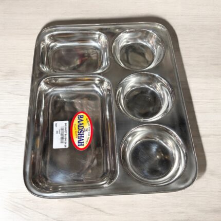 Badshah 5-in-1 Bhojan Thal Set of Two with five compartments, crafted from lightweight yet durable stainless steel for an elegant dining experience.