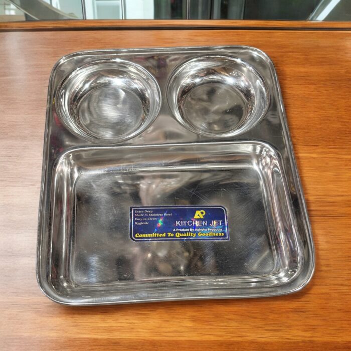 KITCHEN JET Stainless Steel 3-in-1 Rectangle Bhojan Thal, Pack of 2 with sleek rectangular compartments for stylish and organized dining.
