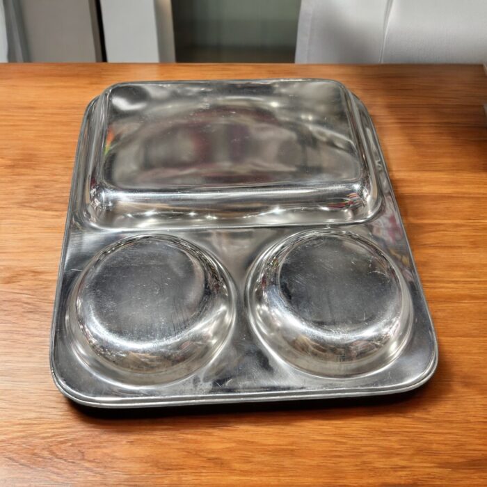 KITCHEN JET Stainless Steel 3-in-1 Rectangle Bhojan Thal, Pack of 2 with sleek rectangular compartments for stylish and organized dining.