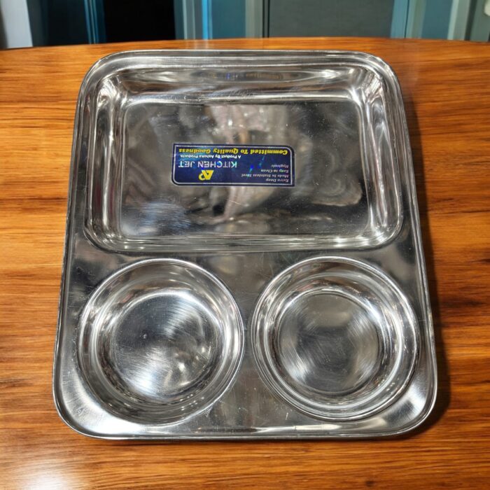 KITCHEN JET Stainless Steel 3-in-1 Rectangle Bhojan Thal, Pack of 2 with sleek rectangular compartments for stylish and organized dining.