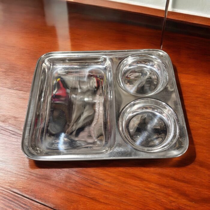 Onam 3-in-1 Bhojan Thal Set of Two with round compartments, crafted from high-quality stainless steel for stylish and durable dining.