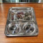 Onam 3-in-1 Bhojan Thal Set of Two with round compartments, crafted from high-quality stainless steel for stylish and durable dining.