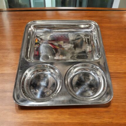 Onam 3-in-1 Bhojan Thal Set of Two with round compartments, crafted from high-quality stainless steel for stylish and durable dining.