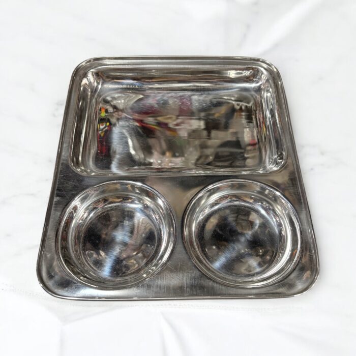 Onam 3-in-1 Bhojan Thal Set of Two with round compartments, crafted from high-quality stainless steel for stylish and durable dining.