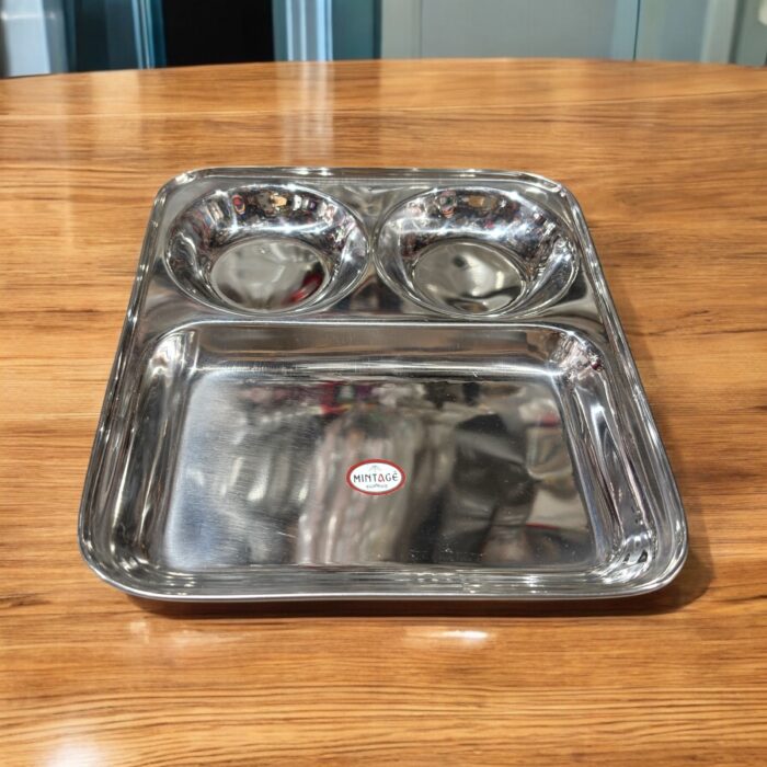 Mintage 3-in-1 Bhojan Thal Set of Two featuring round compartments, crafted from high-quality stainless steel for a durable and stylish dining experience.