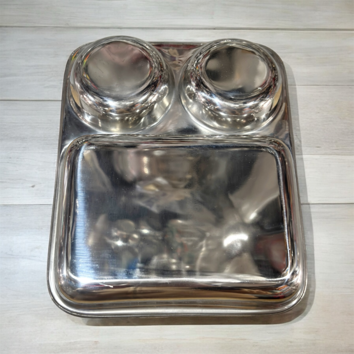 Onam 3-in-1 Bhojan Thal Set of Two with round compartments, crafted from high-quality stainless steel for stylish and durable dining.