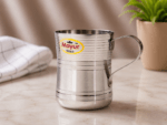 Mayur Gold Silver Line Damru Design Cup Set of 4, stainless steel with a silver line and traditional Damru pattern, 250 ml capacity per cup