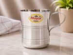 Mayur Gold Silver Line Damru Design Cup Set of 4, stainless steel with a silver line and traditional Damru pattern, 250 ml capacity per cup