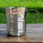 Mayur Gold Silver Line Damru Design Cup Set of 4, stainless steel with a silver line and traditional Damru pattern, 250 ml capacity per cup