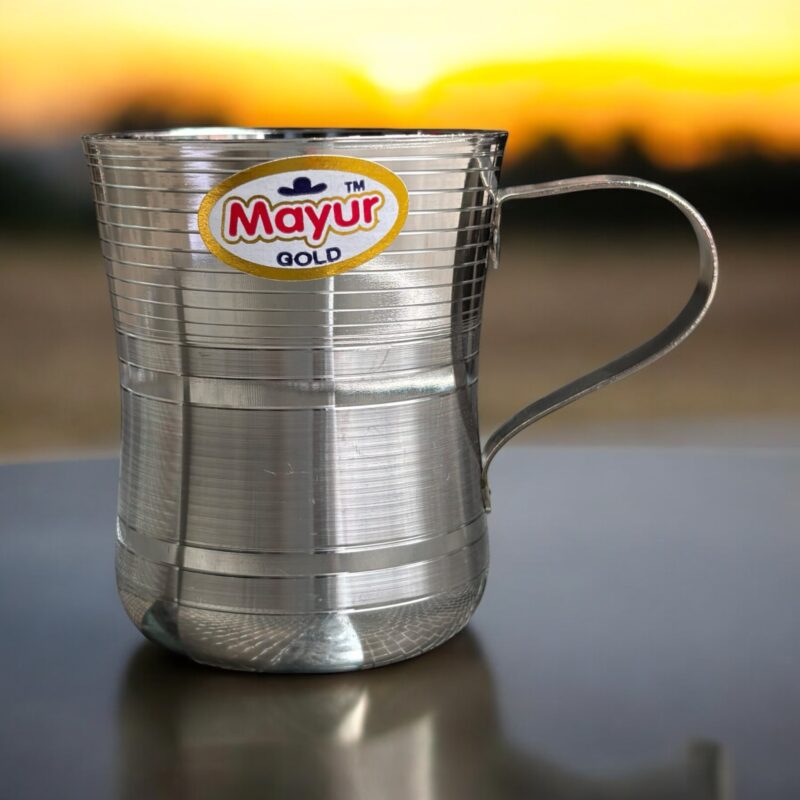 Mayur Gold Silver Line Damru Design Cup Set of 4, stainless steel with a silver line and traditional Damru pattern, 250 ml capacity per cup