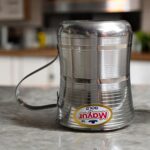 Mayur Gold Silver Line Damru Design Cup Set of 4, stainless steel with a silver line and traditional Damru pattern, 250 ml capacity per cup