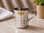 Mayur Gold Silver Line Damru Design Cup Set of 4, stainless steel with a silver line and traditional Damru pattern, 250 ml capacity per cup