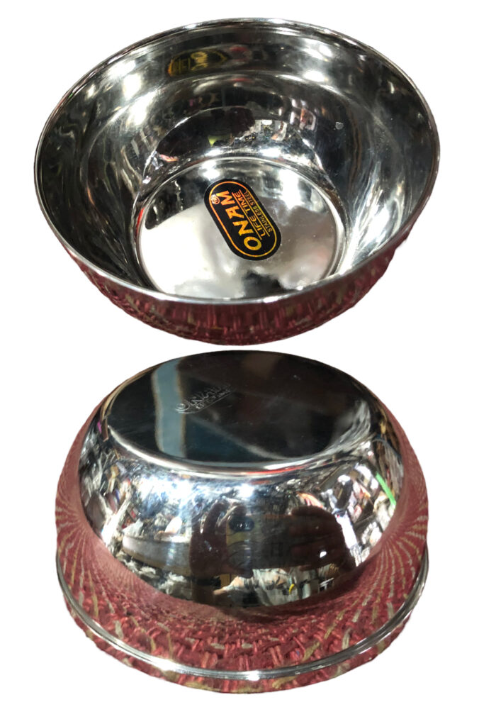 A set of three stainless steel bowls with chapti beading design by Onam Vinod