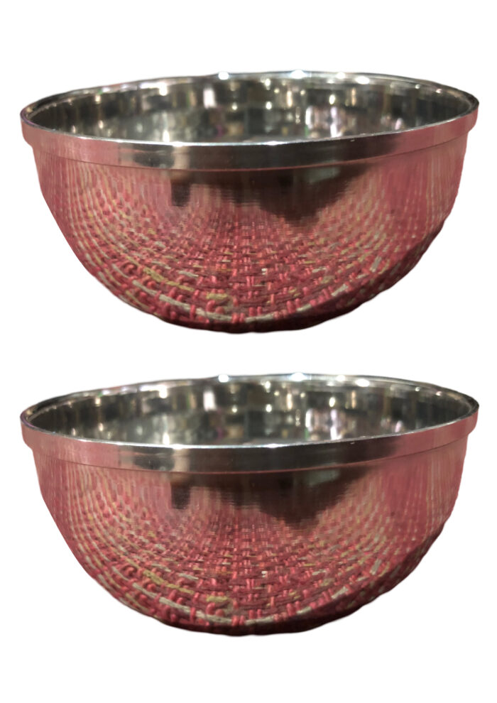 A set of three stainless steel bowls with chapti beading design by Onam Vinod