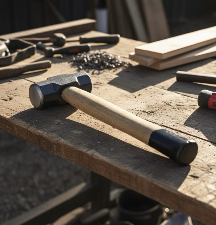 Heavy Duty Sledge Hammer with a forged steel head and sturdy wooden handle, designed for construction, masonry, industrial, and utility work.
