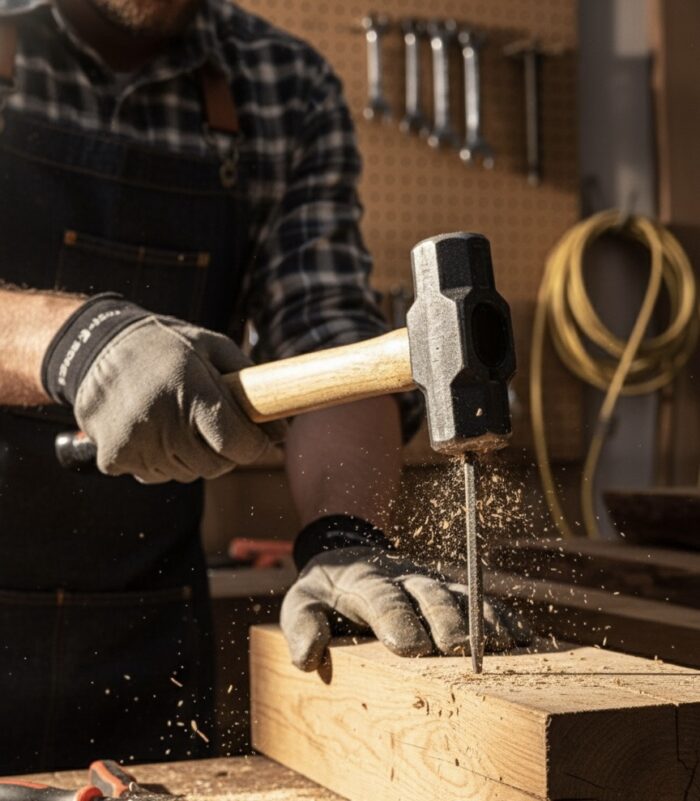 Heavy Duty Sledge Hammer with a forged steel head and sturdy wooden handle, designed for construction, masonry, industrial, and utility work.