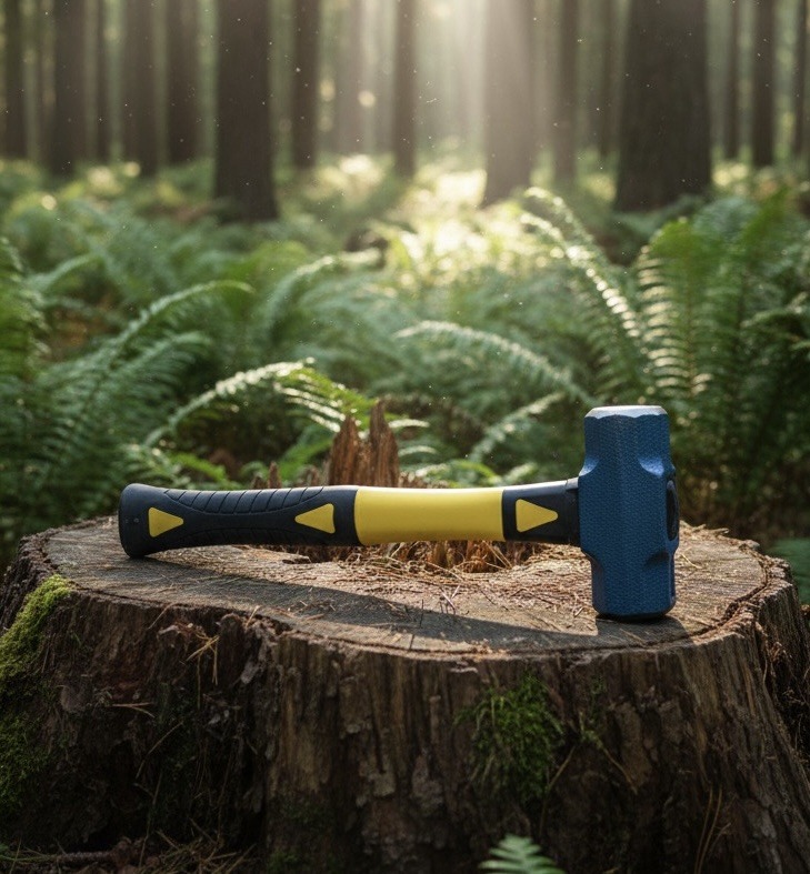 Heavy sledge hammer with forged steel head and indestructible fiberglass handle, designed for construction, demolition, and heavy-duty industrial use.