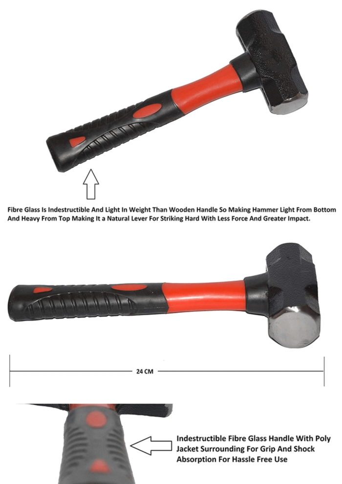 Bahubali sledge hammer with indestructible fiberglass handle, available in 1.5 lb and 2 lb sizes