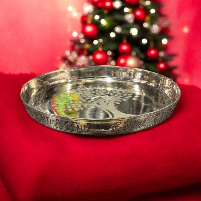 A 12.75-inch handcrafted WellnessCarve Bronze Thali, designed with cultural authenticity and health benefits, perfect for serving traditional meals.