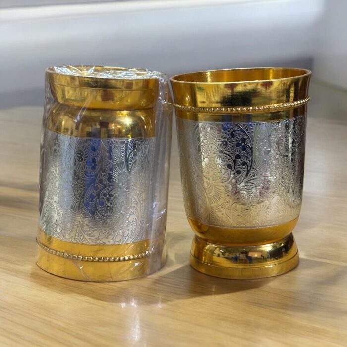 Golden Legacy Brass Water Glass Set of Two, 400 ml each, premium gold-plated wedding gift