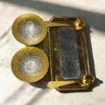 Golden Grace Celebration Brass Set of 5 Pc with 2 bowls, 2 spoons, and an embossed tray, ideal for weddings and anniversaries