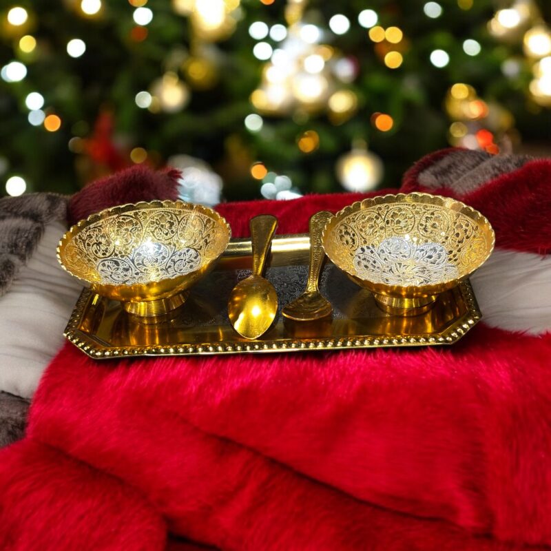 Golden Grace Celebration Brass Set of 5 Pc with 2 bowls, 2 spoons, and an embossed tray, ideal for weddings and anniversaries