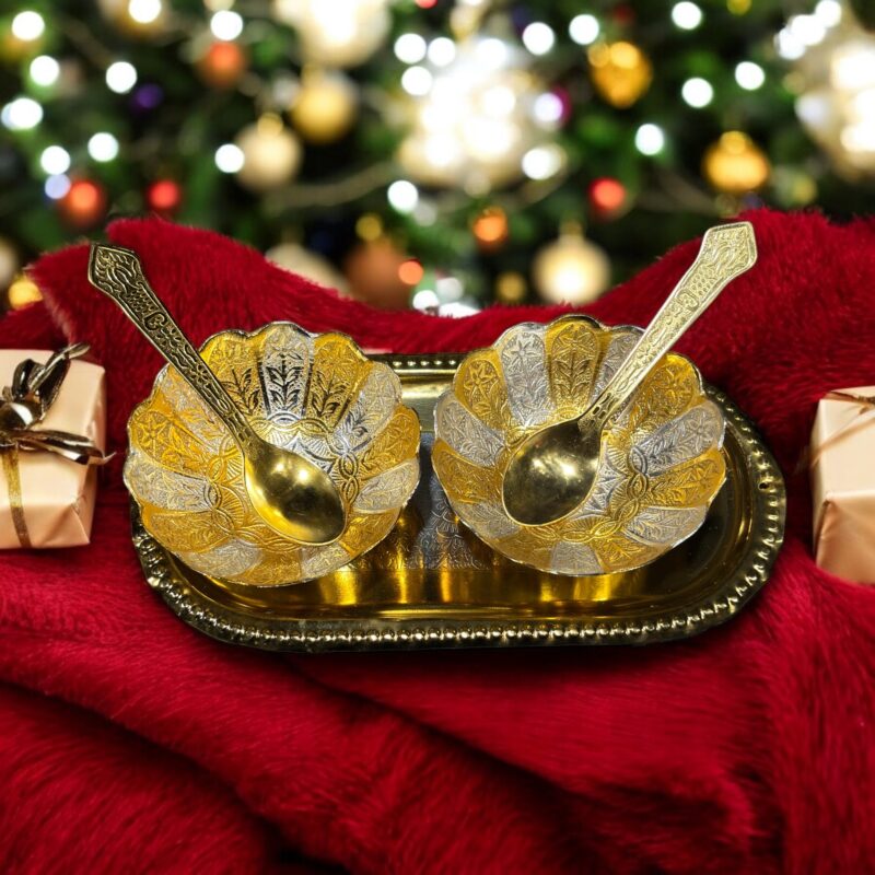 Golden Aura Lotus Serving Brass Set of 5 Pc with 2 bowls, 2 spoons, and an embossed tray, perfect for weddings and anniversaries
