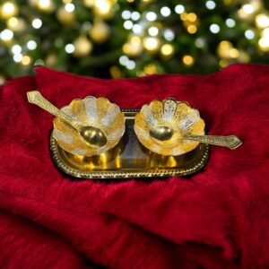 Golden Aura Lotus Serving Brass Set of 5 Pc with 2 bowls, 2 spoons, and an embossed tray, perfect for weddings and anniversaries