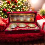 Golden Grace Celebration Brass Set of 7 Pc with 3 bowls, 3 spoons, and an embossed 12-inch tray, perfect for weddings and anniversaries