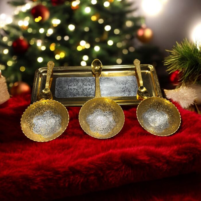 Golden Grace Celebration Brass Set of 7 Pc with 3 bowls, 3 spoons, and an embossed 12-inch tray, perfect for weddings and anniversaries