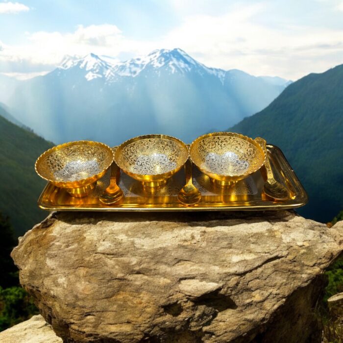 Golden Grace Celebration Brass Set of 7 Pc with 3 bowls, 3 spoons, and an embossed 12-inch tray, perfect for weddings and anniversaries