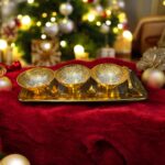 Golden Grace Celebration Brass Set of 7 Pc with 3 bowls, 3 spoons, and an embossed 12-inch tray, perfect for weddings and anniversaries