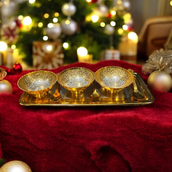 Golden Grace Celebration Brass Set of 7 Pc with 3 bowls, 3 spoons, and an embossed 12-inch tray, perfect for weddings and anniversaries