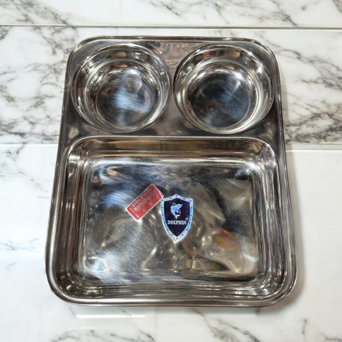 Dolphin TrioServe Bhojan Thal Set of Two made from durable stainless steel, featuring three compartments for organized family meals.