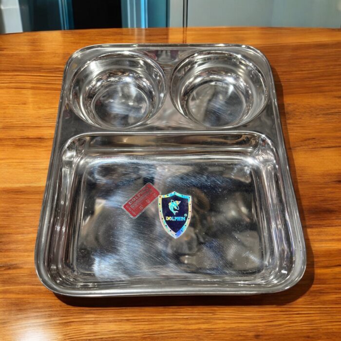 Dolphin TrioServe Bhojan Thal Set of Two made from durable stainless steel, featuring three compartments for organized family meals.