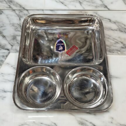 Dolphin TrioServe Bhojan Thal Set of Two made from durable stainless steel, featuring three compartments for organized family meals.