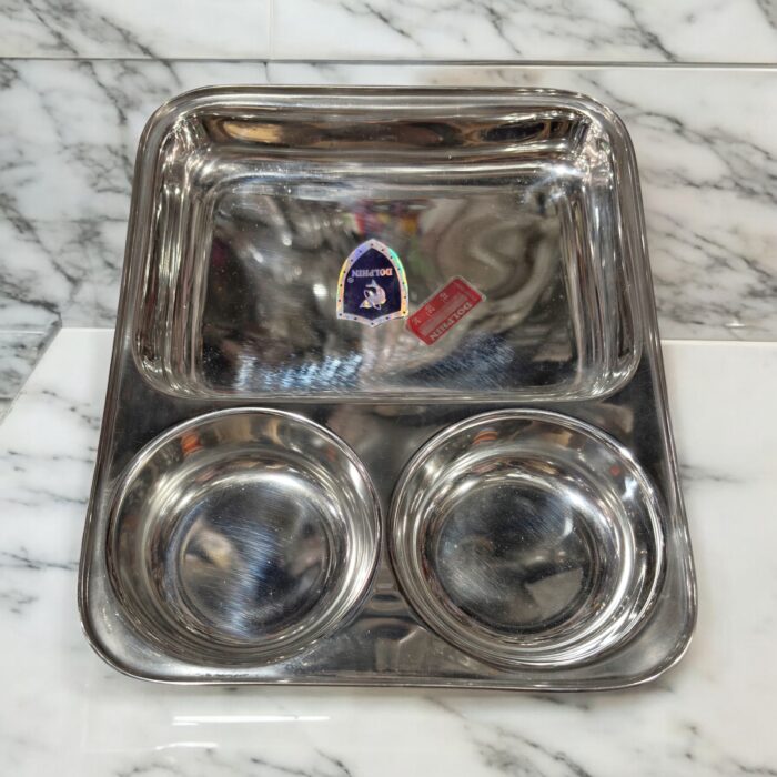 Dolphin TrioServe Bhojan Thal Set of Two made from durable stainless steel, featuring three compartments for organized family meals.