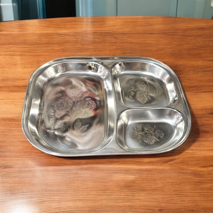 Arush 3-in-1 Signature Bhojan Thal Set of Three made of stainless steel with three compartments for organized and stylish family meals.
