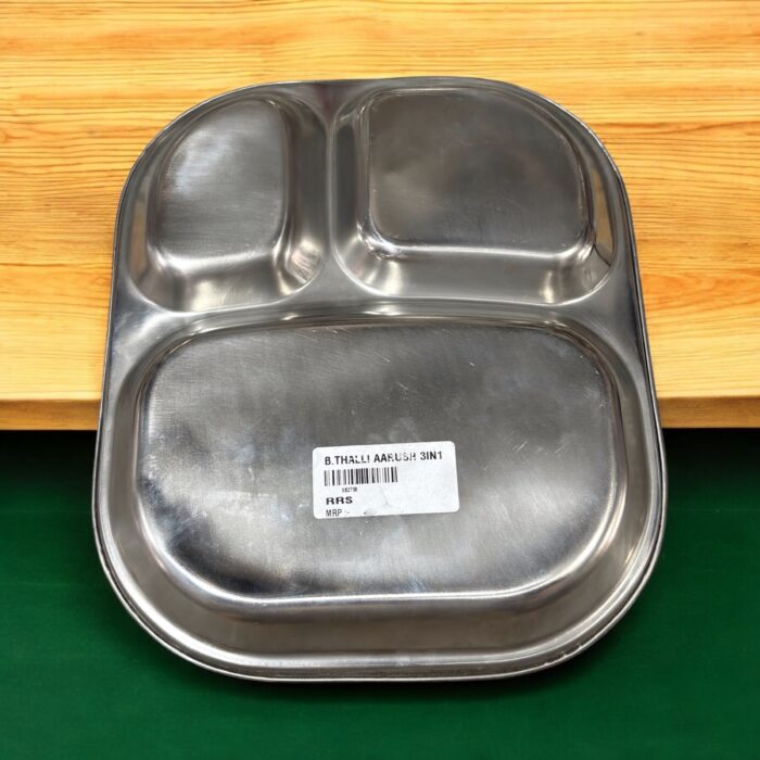 Arush 3-in-1 Signature Bhojan Thal Set of Three made of stainless steel with three compartments for organized and stylish family meals.