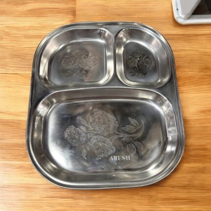 Arush 3-in-1 Signature Bhojan Thal Set of Three made of stainless steel with three compartments for organized and stylish family meals.