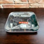 Arush Square Plate made from durable stainless steel, with a modern square design, measuring 8.25 inches in width and height, perfect for family meals.