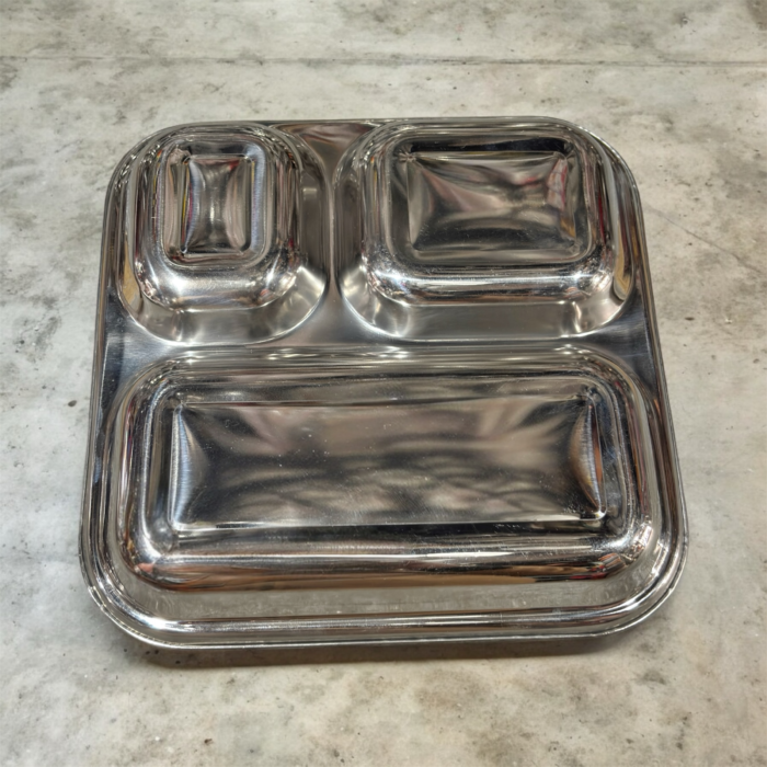 Home Craft 3-in-1 Bhojan Thal Set of Two in stainless steel with three compartments for organized family meals.